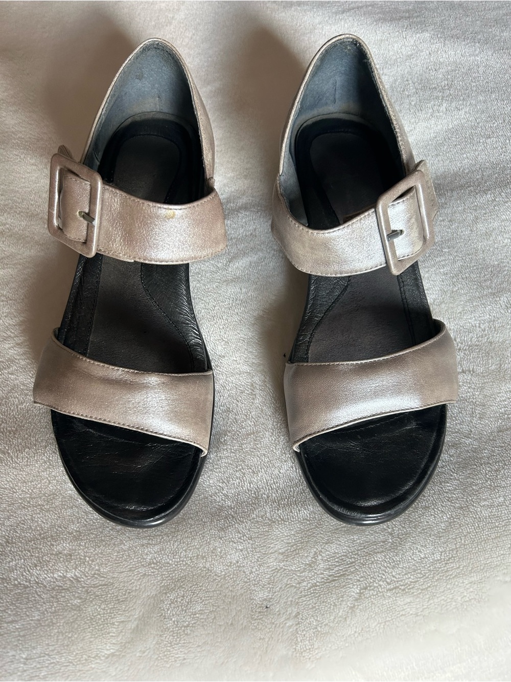 Naot Metallic Pewter Buckle Sandals